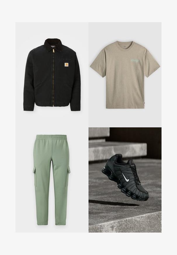 Chaqueta negra con cremallera y cuello de pana marrón, dos bolsillos laterales y un pequeño parche cuadrado con el logo de Carhartt en el lado izquierdo del pecho.; Camiseta beige de cuello redondo y manga corta con un pequeño logo azul claro de "Levi's" en el pecho izquierdo y una etiqueta roja en la costura lateral.; Pantalones de chándal verde claro con cintura elástica, piernas ajustadas y dos bolsillos laterales tipo cargo. Hechos de una tela suave y transpirable.; Zapatilla deportiva Nike en verde oscuro, con un upper sintético suave, textura de malla, cordones negros y una suela brillante con amortiguación de aire.