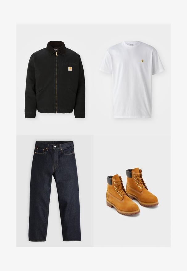 Schwarze zip-up Jacke mit braunem Cordkragen, zwei Seitentaschen und einem kleinen quadratischen Carhartt-Logo-Patch auf der linken Brust.; Weißes Baumwoll-T-Shirt mit kurzen Ärmeln, Rundhalsausschnitt, mit einem kleinen goldenen Logo im linken Brustbereich. Weicher Stoff und normale Passform.; Dunkelblaue Jeans aus Denim mit geradem Schnitt, fünf Taschen, kontrastierenden orangen Nähten und einem Knopfverschluss. Keine sichtbaren Muster oder Verzierungen.; Lederarbeitsstiefel in Tan mit schwarzem gepolstertem Kragen, goldenen Ösen und braunen Gummisohlen. Mit kontrastierenden Nähten und einem Logo an der Seite.