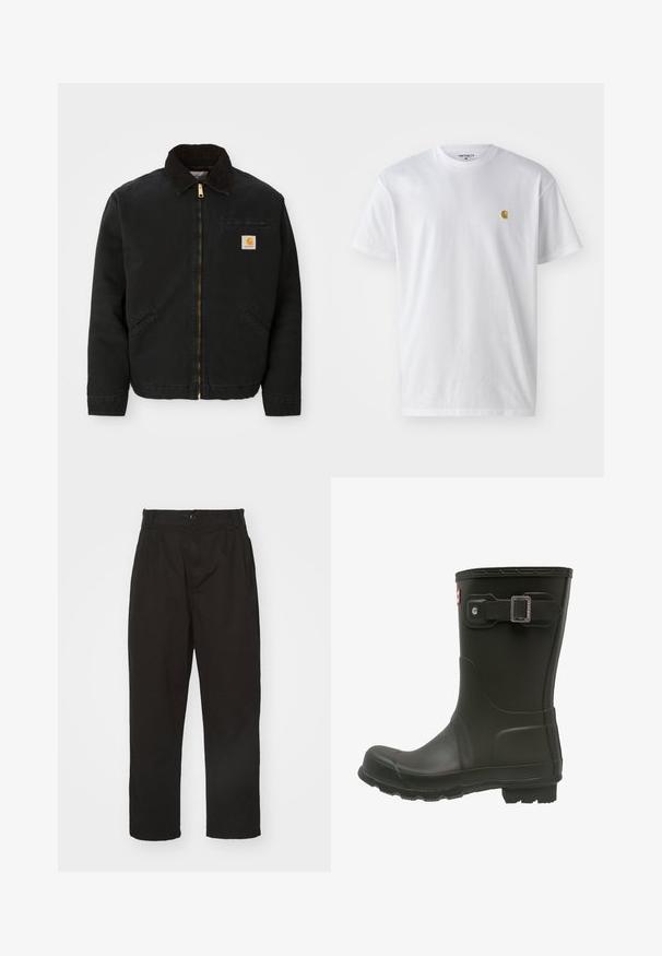 Zwarte ritsjack met een bruine corduroy kraag, twee zijzakken en een klein vierkant Carhartt logo-patch op de linkerborst.; Witte katoenen t-shirt met korte mouwen en ronde hals, voorzien van een klein gouden logo op de linkerkant van de borst. Zachte textuur en een normale pasvorm.; Zwarte broek van gladde stof, met knoopsluiting, rechte snit en twee voorplooien voor extra detail.; Zwarte rubberen regenlaars met een ronde neus, een gespband aan de bovenkant en een geprofileerde buitenzool voor grip.
