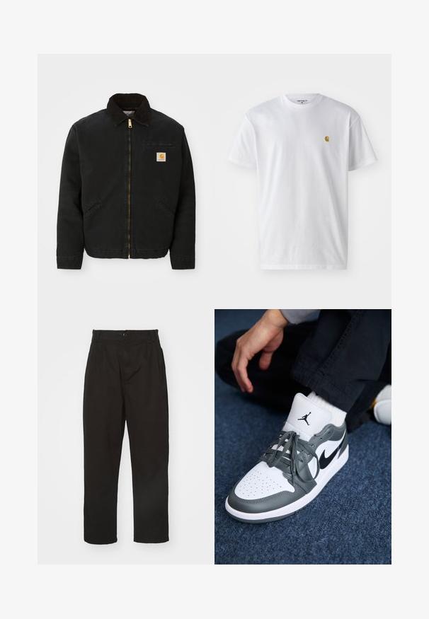 Čierna zipsová bunda s hnedým kordovým golierom, dvoma bočnými vreckami a malou štvorcovou nášivkou s logom Carhartt na ľavej hrudi.; Biele bavlnené tričko s krátkymi rukávmi, okrúhlym výstrihom, s malým zlatým logom na ľavej strane hrude. Mäkká textúra a normálny strih.; Čierne nohavice vyrobené z hladkej látky, s gombíkovým zapínaním, rovného strihu a s dvoma prednými záhybmi pre pridanie detailu.; Tenisky Nike Air Jordan 1 v bielom a šedom koži, s čiernym logom, perforovanou špičkou a plochými šedými šnúrkami.