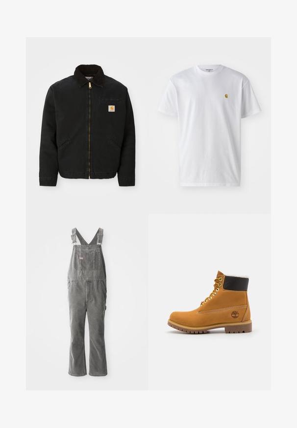 Schwarze zip-up Jacke mit braunem Cordkragen, zwei Seitentaschen und einem kleinen quadratischen Carhartt-Logo-Patch auf der linken Brust.; Weißes Baumwoll-T-Shirt mit kurzen Ärmeln, Rundhalsausschnitt, mit einem kleinen goldenen Logo im linken Brustbereich. Weicher Stoff und normale Passform.; Graue Denim-Overalls mit verstellbaren Trägern, einer Brusttasche vorne, Seitentaschen und einem ausgestellten Bein. Robuster Stoff und entspannter Schnitt für Komfort.; Braune Leder-Ankle-Boots mit Metallösen, weißem Kunstfellfutter, schwarzem gepolstertem Kragen, robustem Sohlenprofil und geprägtem Logo an der Seite.