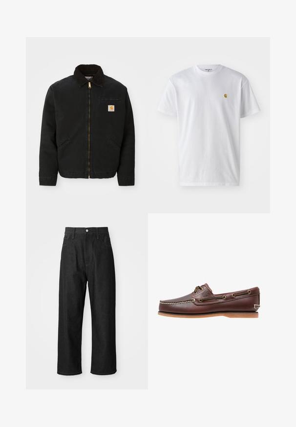 Schwarze zip-up Jacke mit braunem Cordkragen, zwei Seitentaschen und einem kleinen quadratischen Carhartt-Logo-Patch auf der linken Brust.; Weißes Baumwoll-T-Shirt mit kurzen Ärmeln, Rundhalsausschnitt, mit einem kleinen goldenen Logo im linken Brustbereich. Weicher Stoff und normale Passform.; Schwarze Jeanshose mit relaxtem Schnitt, hohem Bund, Reißverschluss und Fünf-Taschen-Design. Sichtbare Nähte setzen Akzente.; Brauner Leder-Bootsschuh mit weißen Nähten, Schnürdetails und hellbrauner Gummisohle, seitlich auf weißem Hintergrund gezeigt.