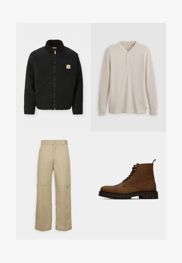 Mustan lukuga vest, millel on pruunist kangast krae, kaks küljetaskut ja väike ruudukujuline Carhartti logo patch vasakul rinnal.; Pikad varrukad henley särk heledast beežist ribakudumist, millel on V-kaelus, kolme nupuga sulgemine ja kollased varrukad. Punane logo sildike ääres.; Bežid laiad püksid, mis on valmistatud vastupidavast kangast, kõrge vöökoha, nähtava õmbluse ja väikese logo tätoveeringuga külgedel.; Pruuni nahast sidumisega pahkluusaapad paksu musta rakendusepidisega tallaga ja tõmbenööbiga valge taustal.