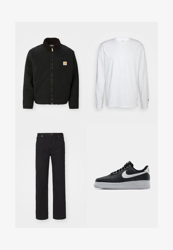 Schwarze zip-up Jacke mit braunem Cordkragen, zwei Seitentaschen und einem kleinen quadratischen Carhartt-Logo-Patch auf der linken Brust.; Weißes Langarm-T-Shirt aus Baumwolle. Rundhals-Design mit gerippten Bündchen und kleinem Logo auf dem linken Ärmel. Glatte Textur.; Schwarze Straight-Leg-Denim-Jeans mit vorderen Taschen, Gürtelschlaufen und Knopfverschluss auf schlichtem Hintergrund.; Schwarze Ledersneaker mit strukturierten Oberflächen, weißem Nike-Swoosh, grauer Sohle, runder Zehenpartie und Schnürdesign. Verfügt über Perforationen an der Zehenbox.