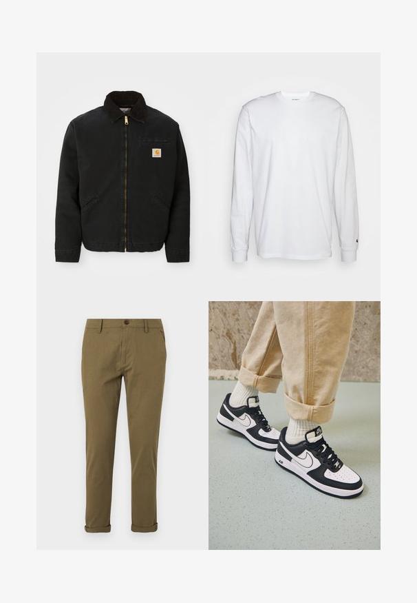 Sort zip-up jakke med brun kordfløjlskrave, to sidelommer og et lille firkantet Carhartt logo patch på venstre bryst.; Hvid langærmet T-shirt lavet af bomuld. Rund halsudskæring med ribbede manchetter og et lille logo på venstre ærme. Glat tekstur.; Herre slim-fit khaki chinos med bæltestropper, knaplukning, sidelommer og opsmøgede buksekant på hvid baggrund.; Sorte og hvide Nike Air Force 1 sneakers med læderoverdel, perforeret tå og tekstureret såldetalje, båret med rullede beige bukser og hvide sokker.