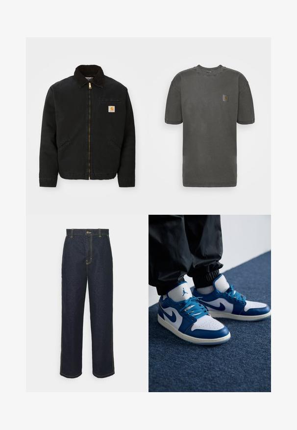 Sort zip-up jakke med brun kordfløjlskrave, to sidelommer og et lille firkantet Carhartt logo patch på venstre bryst.; Carhartt WIP NELSON - T-shirts basic - black garment dyed; Bredde ben mørke denim jeans med gul syning, der har en frontlukning med knap og sidelommer. Glat tekstur og traditionelt design.; Nike Air Jordan sneakers har en hvid læderbase med blå syntetiske detaljer, en perforeret tåboks og blå snørebånd.