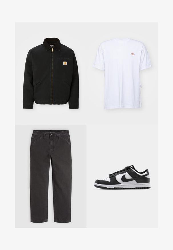 Chaqueta negra con cremallera y cuello de pana marrón, dos bolsillos laterales y un pequeño parche cuadrado con el logo de Carhartt en el lado izquierdo del pecho.; Camiseta de algodón blanca con cuello en V y mangas cortas. Presenta un pequeño logo bordado de colores en el lado izquierdo del pecho. Textura suave.; Pantalones negros de corte recto con bolsillos frontales, presillas para cinturón, cierre con botones y costuras visibles sobre un fondo liso.; Zapatillas Nike Dunk en blanco y negro con parte superior de cuero, puntera perforada, cordones negros y suela de goma negra con diseño de tracción.