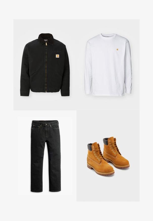 Schwarze zip-up Jacke mit braunem Cordkragen, zwei Seitentaschen und einem kleinen quadratischen Carhartt-Logo-Patch auf der linken Brust.; Weißes Langarm-T-Shirt aus Baumwolle. Mit kleinem goldenem Logo auf der Brust und Rundhalsausschnitt. Einfaches Design und normale Passform.; Schwarze Jeans im geraden Schnitt mit fünf Taschen, Gürtelschlaufen und einem Knopfverschluss an der Taille, flach auf einem weißen Hintergrund ausgelegt.; Lederarbeitsstiefel in Tan mit schwarzem gepolstertem Kragen, goldenen Ösen und braunen Gummisohlen. Mit kontrastierenden Nähten und einem Logo an der Seite.