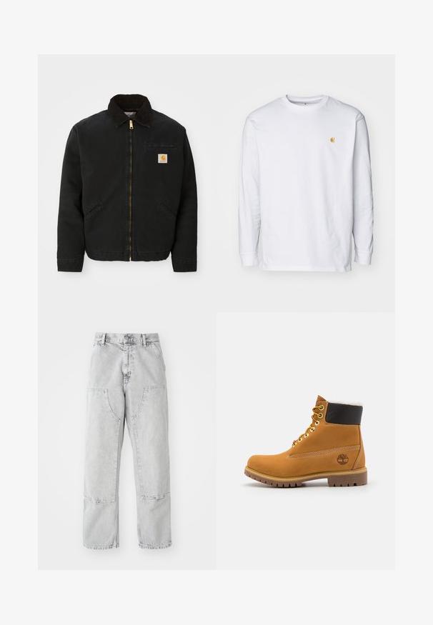 Sort zip-up jakke med brun kordfløjlskrave, to sidelommer og et lille firkantet Carhartt logo patch på venstre bryst.; Hvid langærmet t-shirt lavet af bomuld. Har et lille gyldent logo på brystet og en rund halsudskæring. Enkel design og standard pasform.; Lys grå denim bukser med en løs pasform, der har store sidelommer, synlige sømme og et lige ben design. Bæltestropper i taljen.; Brune læder ankelstøvle med metaløjer, hvid pelsforing, sort polstret krave, robust sål og præget logo på siden.