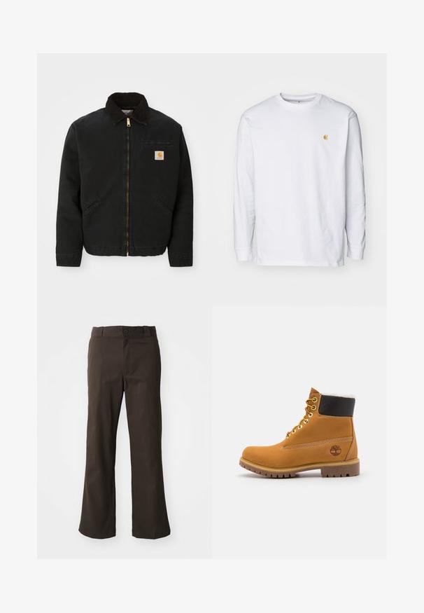Sort zip-up jakke med brun kordfløjlskrave, to sidelommer og et lille firkantet Carhartt logo patch på venstre bryst.; Hvid langærmet t-shirt lavet af bomuld. Har et lille gyldent logo på brystet og en rund halsudskæring. Enkel design og standard pasform.; Brune, flagrende bukser med en glat tekstur, der har en frontlukning med knap og lommer på siderne. Simpel og lige design.; Brune læder ankelstøvle med metaløjer, hvid pelsforing, sort polstret krave, robust sål og præget logo på siden.