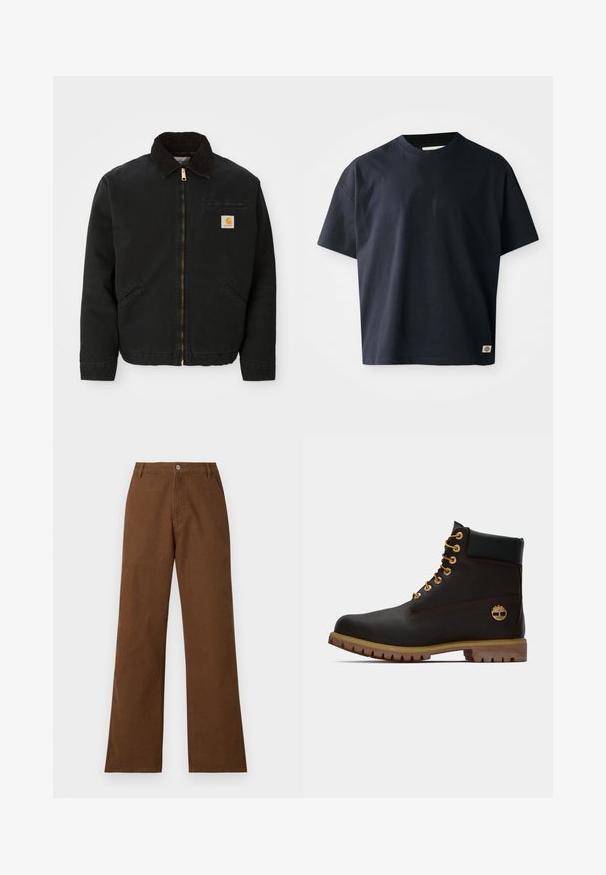 Sort zip-up jakke med brun kordfløjlskrave, to sidelommer og et lille firkantet Carhartt logo patch på venstre bryst.; Marineblå kortærmet T-shirt med rund hals og et lille rektangulært brandlogo nær den nederste søm på forsiden til højre.; Brune bomuldsbukser med lige ben, knaplukning og to forlommer. Glat tekstur uden synlige mønstre eller udsmykninger.; Sorte læder ankelstøvle med gyldne øjer, brune detaljer og gummisål. Har en polstret krave og præget logo på siden.