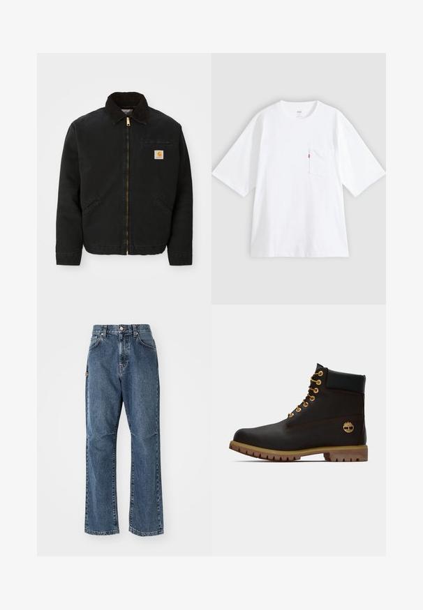 Sort zip-up jakke med brun kordfløjlskrave, to sidelommer og et lille firkantet Carhartt logo patch på venstre bryst.; Hvid bomulds-T-shirt med korte ærmer, rund hals og lomme på venstre bryst. Har en lille rød logoetiket på lommen.; Blå denim jeans med høj talje, lige ben-design og forlommer. Har kontrastsyninger og skjult lukning med knap.; Sorte læder ankelstøvle med gyldne øjer, brune detaljer og gummisål. Har en polstret krave og præget logo på siden.
