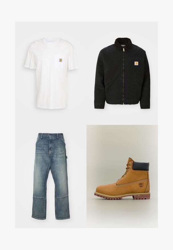 Sort zip-up jakke med brun kordfløjlskrave, to sidelommer og et lille firkantet Carhartt logo patch på venstre bryst.; Hvid bomulds T-shirt med korte ærmer, en brystlomme, og et lille firkantet logo patch i orange og hvid på lommen.; Lysblå jeans med afslappet pasform, lavet af denim. Har vide ben, store forlommer og kontraststing-detaljer.; Brun læderankelstøvle med sort krave, gule snørebånd og tanfarvet sål. Har logo og hvide syninger som detalje. Robust ydersål med greb.