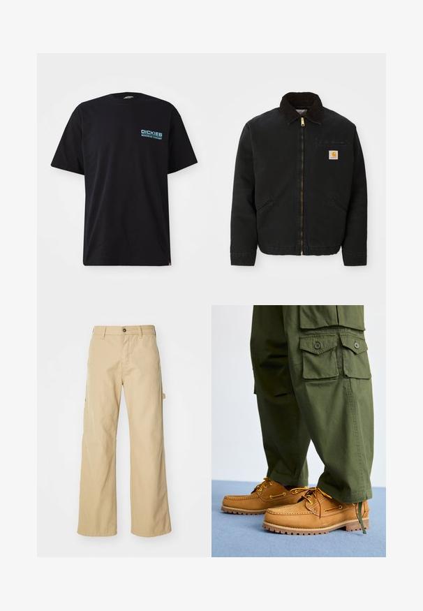 Čierna zipsová bunda s hnedým kordovým golierom, dvoma bočnými vreckami a malou štvorcovou nášivkou s logom Carhartt na ľavej hrudi.; Čierne bavlnené tričko s krátkymi rukávmi, na ktorom sa vľavo na hrudi nachádza modré logo "DICKIES WORKWEAR COMPANY". Štandardný okrúhly výstrih.; Béžové široké cargo nohavice s gombíkovým zapínaním, so bočnými vreckami, vyrobené z odolnej bavlnenej látky, hladkej textúry a rovného strihu.; Timberland AUTHENTIC 3 EYE - Jachtárska obuv - wheat