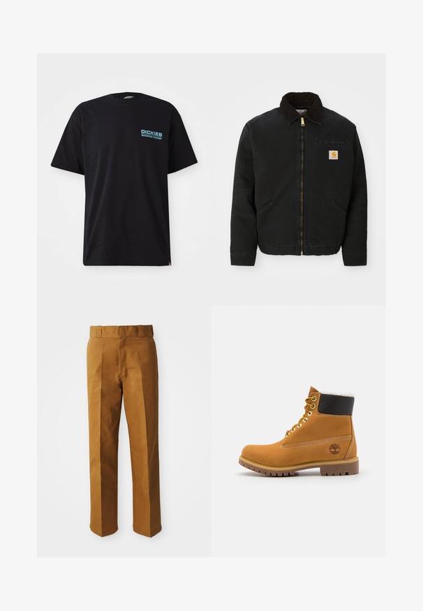 Sort zip-up jakke med brun kordfløjlskrave, to sidelommer og et lille firkantet Carhartt logo patch på venstre bryst.; Sort bomulds t-shirt med korte ærmer, forsynet med et blåt "DICKIES WORKWEAR COMPANY" logo på venstre bryst. Standard rund halsudskæring.; Brune, skræddersyede bukser med en glat tekstur, der har lige ben, folder fortil og en standardtalje.; Brune læder ankelstøvle med metaløjer, hvid pelsforing, sort polstret krave, robust sål og præget logo på siden.