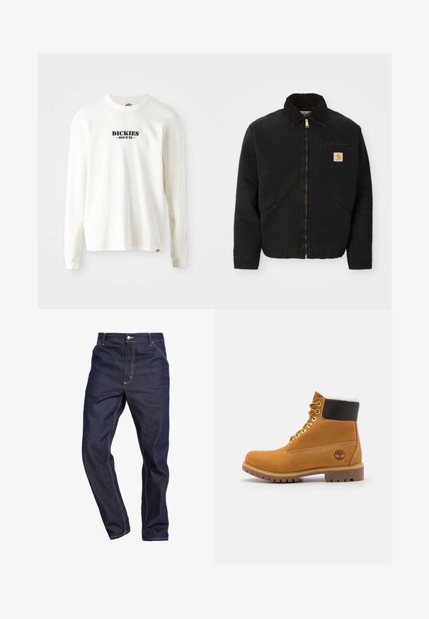 Zwarte ritsjack met een bruine corduroy kraag, twee zijzakken en een klein vierkant Carhartt logo-patch op de linkerborst.; Witte lange mouw geribbelde sweatshirt met een zwart logo "DICKIES" en "SINCE '22" eronder, ronde hals en manchetten.; Donkerblauwe denim jeans met een rechte pijp, voorzien van witte stiksels, een knoopsluiting en ceintuurlussen.; Bruine leren enkellaars met metalen oogjes, witte faux bont voering, zwarte gewatteerde kraag, robuuste zool en een reliëflogo aan de zijkant.