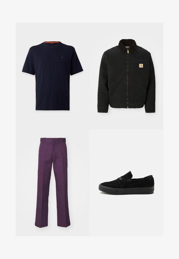 Chaqueta negra con cremallera y cuello de pana marrón, dos bolsillos laterales y un pequeño parche cuadrado con el logo de Carhartt en el lado izquierdo del pecho.; Camiseta lisa azul marino oscuro de manga corta con cuello redondo, con un pequeño logo bordado en el pecho izquierdo y detalle naranja en el interior del cuello.; Pantalones de pierna ancha morados hechos de un tejido de algodón resistente, con un frente plano, pasadores para cinturón y pliegues entallados para un aspecto estructurado.; Deportiva tipo slip-on de ante negro con suela gruesa y paneles laterales elásticos, mostrada de perfil sobre un fondo blanco liso.