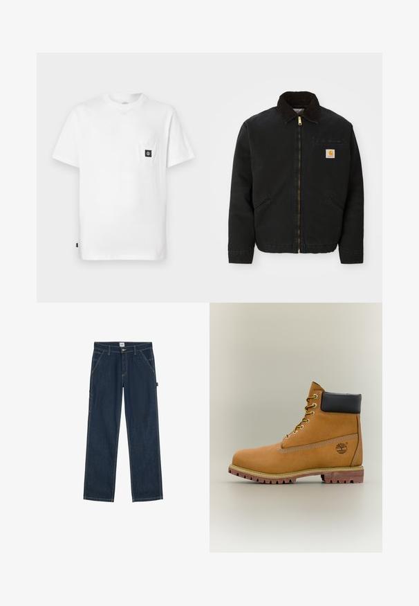 Zwarte ritsjack met een bruine corduroy kraag, twee zijzakken en een klein vierkant Carhartt logo-patch op de linkerborst.; Witte katoenen T-shirt met een ronde hals, korte mouwen en een borstzakje met een zwarte logo-patch. Gladde textuur, losse pasvorm.; Donkerblauwe spijkerbroek met rechte pijpen, voorzakken, riemlussen en een knoopsluiting in de taille.; Bruine leren enkellaars met zwarte kraag, gele veters en een zandkleurige zool. Voorzien van een logo en witte stikseldetails. Robuuste loopzool met grip.