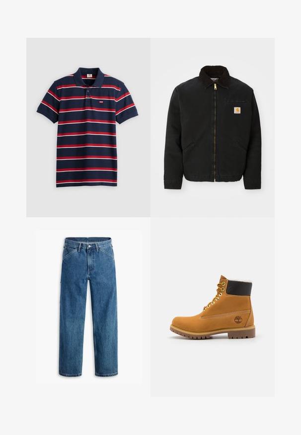 Sort zip-up jakke med brun kordfløjlskrave, to sidelommer og et lille firkantet Carhartt logo patch på venstre bryst.; Marineblå polo-shirt med røde og hvide vandrette striber, tre-knaps placket og lille Levi's logo på brystet. Blødt bomuldsstof.; Blå denim jeans med lige ben, forlommer, bæltestropper, metal knap og lynlås foran på hvid baggrund.; Brune læder ankelstøvle med metaløjer, hvid pelsforing, sort polstret krave, robust sål og præget logo på siden.