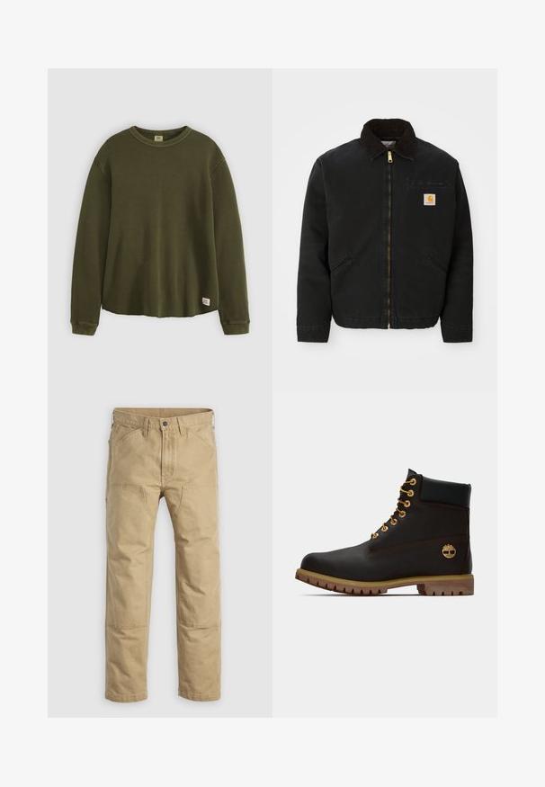 Čierna zipsová bunda s hnedým kordovým golierom, dvoma bočnými vreckami a malou štvorcovou nášivkou s logom Carhartt na ľavej hrudi.; Olivovo zelený sveter s dlhým rukávom vyrobený z textúrovaného, ribbed materiálu s okrúhlym výstrihom, voľným strihom a malou značkovou nálepkou na dolnom leme.; Kaki pracovné nohavice z pevnej bavlny, s priamym strihom nohavíc, zosilnenými kolennými panelmi a viacerými prednými vreckami.; Čierne kožené členkové topánky so zlatými očkami, hnedými akcentmi a gumovou podrážkou. Majú polstrovaný golier a embosované logo na boku.