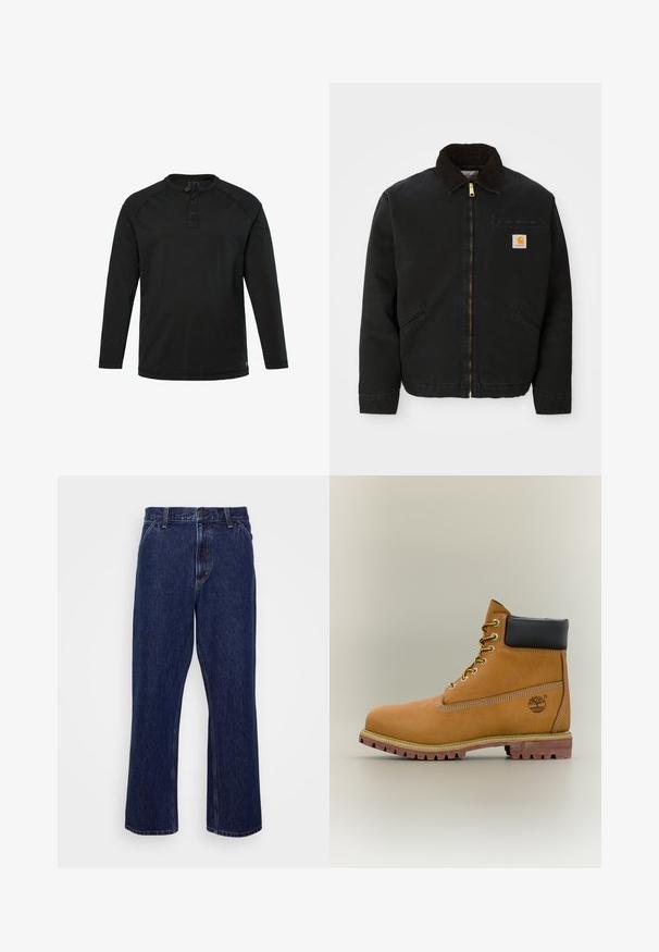 Zwarte ritsjack met een bruine corduroy kraag, twee zijzakken en een klein vierkant Carhartt logo-patch op de linkerborst.; Zwarte lange mouw Henley-shirt met drie knopen en een ronde hals, eenvoudig design en rechte zoom.; Donkerblauwe denim jeans met een recht-uitlopende pasvorm, voorzien van een knoopsluiting, vijf zakken en subtiele stikseldetails.; Bruine leren enkellaars met zwarte kraag, gele veters en een zandkleurige zool. Voorzien van een logo en witte stikseldetails. Robuuste loopzool met grip.
