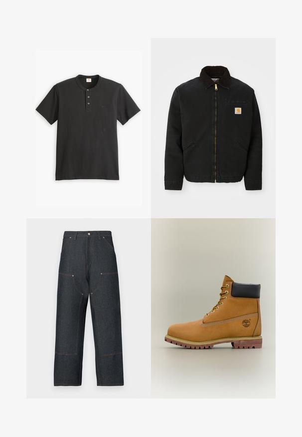 Mustan lukuga vest, millel on pruunist kangast krae, kaks küljetaskut ja väike ruudukujuline Carhartti logo patch vasakul rinnal.; Mustar musta lühikeste varrukatega polo särk, mis on valmistatud puuvillast. Särgil on nööpidega kaelus, millel on kolm nööpi ja väike logo vasakul rinnal.; Tumesinised teksapüksid laia säärega, millel on kontrastsed oranžid õmblused, esitaskud ja klassikaline nööpidega sulgur.; Pruun nahast pahkluu saabas musta kraega, kollaste paelte ja beežide tallaga. Omab logo ja valge õmbluse detaile. Tugeva haardega välistald.