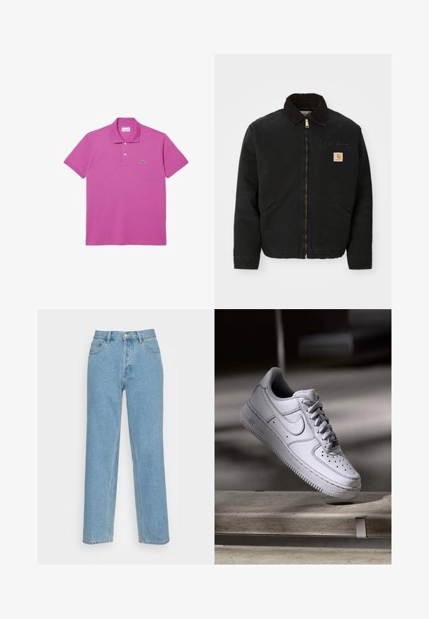 Čierna zipsová bunda s hnedým kordovým golierom, dvoma bočnými vreckami a malou štvorcovou nášivkou s logom Carhartt na ľavej hrudi.; Ružová polo košeľa z bavlny s krátkymi rukávmi, rebrovaným golierom a zapínaním na dva gombíky. Na hrudi sa nachádza zelené logo Lacoste.; Svetlomodré rovné džínsy vyrobené z denimu, s klasickým dizajnom s piatimi vreckami, predným zapínaním na gombík a viditeľnými švy.; Biely kožený teniska Nike Air Force 1 má perforovanú špičku, ploché šnúrky a štruktúrovanú gumovú podrážku s nápisom „AIR“ na boku.