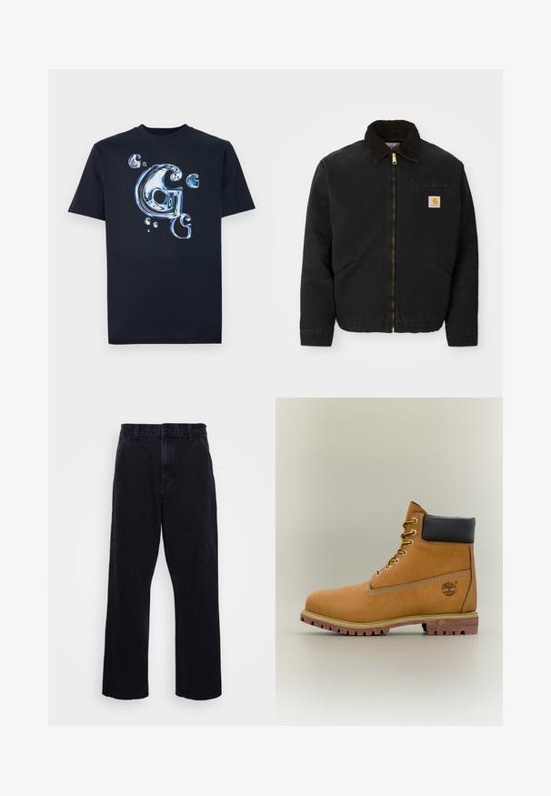 Zwarte ritsjack met een bruine corduroy kraag, twee zijzakken en een klein vierkant Carhartt logo-patch op de linkerborst.; Zwarte katoenen T-shirt met een glanzende, metallic stijl letter "G" en luchtbelletjes in tinten blauw. Korte mouwen met een klassieke pasvorm.; Zwarte denim broek met een rechte pijpdesign, voorzien van een knoop- en ritssluiting, riemlussen en minimale stikdetails.; Bruine leren enkellaars met zwarte kraag, gele veters en een zandkleurige zool. Voorzien van een logo en witte stikseldetails. Robuuste loopzool met grip.