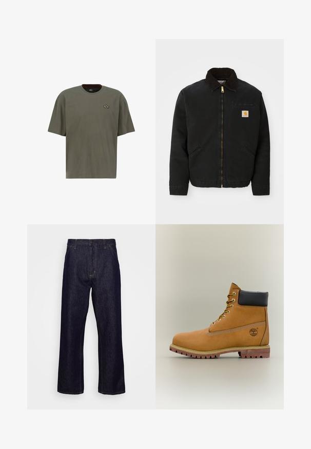 Zwarte ritsjack met een bruine corduroy kraag, twee zijzakken en een klein vierkant Carhartt logo-patch op de linkerborst.; Olijfgroen T-shirt met korte mouwen van katoen, voorzien van een ronde halslijn en een klein gouden geborduurd logo op de linkerborst.; Donkerblauwe denim jeans met rechte pijpen, voorzakken, riemlussen, ritssluiting en knoopsluiting, weergegeven tegen een eenvoudige witte achtergrond.; Bruine leren enkellaars met zwarte kraag, gele veters en een zandkleurige zool. Voorzien van een logo en witte stikseldetails. Robuuste loopzool met grip.