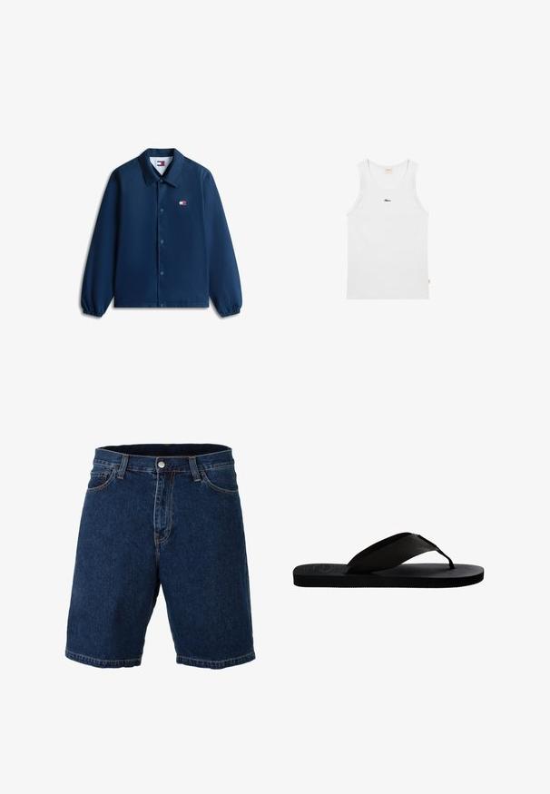 Tumesinist värvi nööpidega jakk kraega, elastsete varrukaservadega ja väikese Tommy Jeans logo vasakul rinnal.; Valge varrukateta tanktop ümar kaelusega ja väike must logo tekst rinnal keskel tavalise tausta ees.; Tumed sinised teksajortsid sirge lõike, tavalise vöökoha ja metallnupuga kinnituse; eristub kontrastsetest kollastest õmblustest ja äärtest.; Must have mustadega kummist tallaga, tekstiilist varbasaade ja kootud rihmaga mustad plätud. Lame disain, millel on minimalistik välimus.