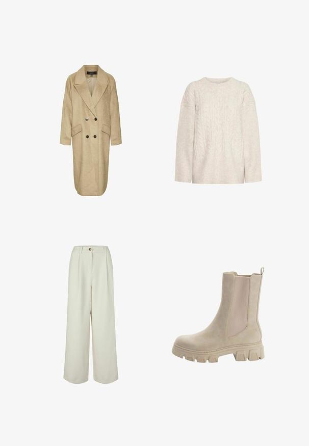 Beige dobbeltbrystet frakke lavet af blødt, tekstureret stof. Har en bred krave, to forlommer og sorte knapdetaljer.; Cremer kabelstrikket sweater med rund hals og ribbede manchetter. Har et tekstureret mønster og en let oversized design.; Højtaljede, vidde ben, cremefarvede bukser med bæltestropper, knaplukning og forreste folder, designet til en afslappet pasform.; Beige Chelsea støvler med en glat læderoverdel og elastiske sidepaneler. Tyk, robust gummisål med karakteristisk mønster og trækstrop.
