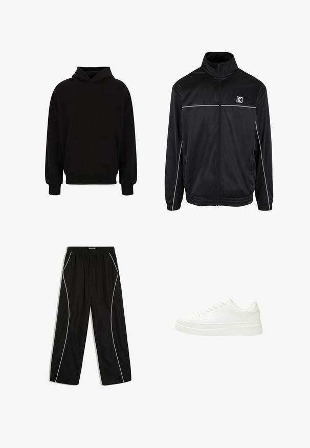 Schwarze Sportjacke aus glattem, leichtem Stoff. Mit hohem Kragen, Reißverschluss vorne, weißen Akzentpaspeln und seitlichen Taschen.; Schwarzer Pullover-Hoodie mit einer vorderen Kängurutasche, gerippten Bündchen und Saum. Hergestellt aus weichem Material; hat einen lässigen Schnitt und eine verstellbare Kapuze.; Schwarze locker sitzende Trainingshose mit elastischem Bund und weißer geschwungener Paspelierung entlang der Außenseiten jedes Beins.; Weiße Sneaker mit einem glatten Lederoberteil, flachen Schnürsenkeln und einer dicken Gummisohle. Das minimalistische Design verfügt über subtile Nähte und nahtlose Akzente.