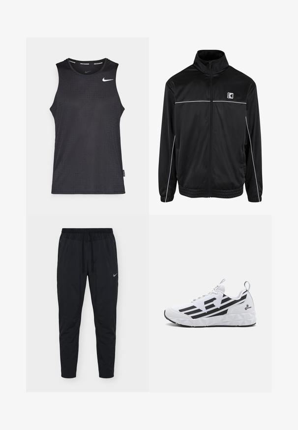 Sort sportsjakke lavet af glat, letvægtsstof. Har en høj krave, lynlås foran, hvid kantpipings samt sidelommer.; Sort ærmeløs atletisk tanktop lavet af glat materiale, med et tekstureret mønster og et lille hvidt Nike-logo på brystet.; Mænds sorte atletikbukser med justerbar snøre i taljen, sidelommer med lynlås og et lille Nike-logo på højre lår.; Hvid atletisk sko med et tekstureret sort geometrisk mønster og matchende sorte detaljer. Har en polstret sål og snørebåndsdesign.