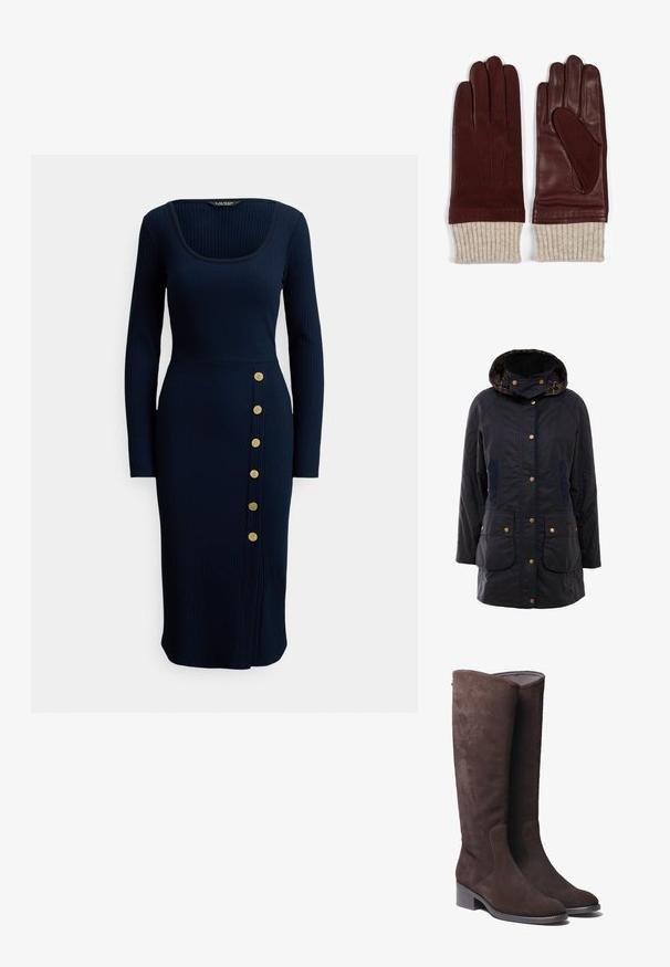 Veste d'extérieur bleu marine avec capuche, boutons pressions dorés, deux poches avant et doublure à carreaux contrastés. Elle présente une texture lisse et une coupe ajustée.; Robe midi côtelée bleu marine avec un décolleté carré et des manches longues, présentant un détail de boutons latéraux avec six boutons dorés.; Bottes en daim marron jusqu'au genou avec un embout légèrement arrondi et un petit talon carré. Présente des détails de couture discrets sur les côtés.; Gants en cuir bordeaux avec un poignet en laine beige côtelée. Présentent un design à cinq doigts avec des accents de couture et un renfort au pouce pour une meilleure prise.
