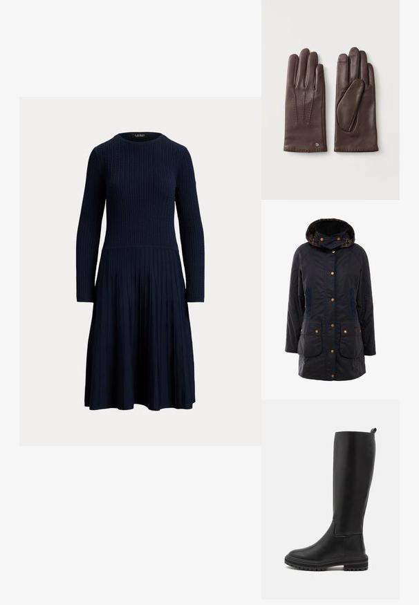 Veste d'extérieur bleu marine avec capuche, boutons pressions dorés, deux poches avant et doublure à carreaux contrastés. Elle présente une texture lisse et une coupe ajustée.; Robe en maille bleu marine à manches longues, col rond, motif torsadé sur le haut, et jupe plissée arrivant au niveau des genoux.; Bottes noires en cuir montantes, à finition lisse, avec un bout arrondi, une semelle en caoutchouc basse et des détails de couture minimalistes.; Paire de gants en cuir brun foncé, l'un montrant le dos avec des coutures décoratives et un logo, l'autre montrant la paume.