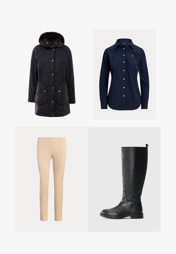 Veste d'extérieur bleu marine avec capuche, boutons pressions dorés, deux poches avant et doublure à carreaux contrastés. Elle présente une texture lisse et une coupe ajustée.; Chemise bleu marine à manches longues avec boutons, col pointu et petit logo blanc brodé sur la poitrine gauche.; Pantalon beige slim fit longueur cheville avec une finition lisse, sans poches visibles ni ornements, sur un fond uni.; Bottes noires en cuir jusqu'au genou avec une texture lisse, bout arrondi, coutures minimales et un petit talon carré. Conçues avec une languette pour un enfilage facile.