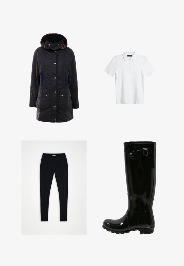 Veste d'extérieur bleu marine avec capuche, boutons pressions dorés, deux poches avant et doublure à carreaux contrastés. Elle présente une texture lisse et une coupe ajustée.; Polo-shirt blanc avec un motif de vagues subtil, à manches courtes et avec une patte de boutonnage à trois boutons. Fabriqué en tissu léger et doux.; Leggings noirs taille haute avec poche latérale, coutures plates et tissu lisse, disposés à plat sur un fond blanc.; Botte de pluie en caoutchouc noir avec une finition brillante, design haut, accent de boucle sur le côté, semelle texturée pour l'adhérence et bout arrondi.