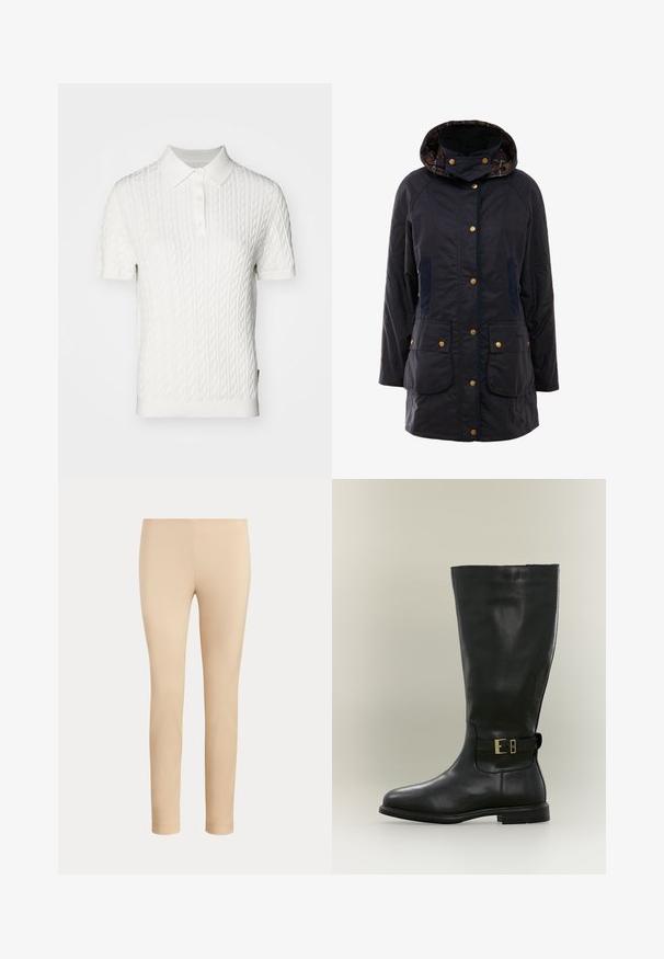 Veste d'extérieur bleu marine avec capuche, boutons pressions dorés, deux poches avant et doublure à carreaux contrastés. Elle présente une texture lisse et une coupe ajustée.; Barbour HARTLAND - Polo - cloud; Pantalon beige slim fit longueur cheville avec une finition lisse, sans poches visibles ni ornements, sur un fond uni.; Botte haute en cuir noir avec un talon bas et une bride latérale à petite boucle dorée, présentée sur un fond neutre.