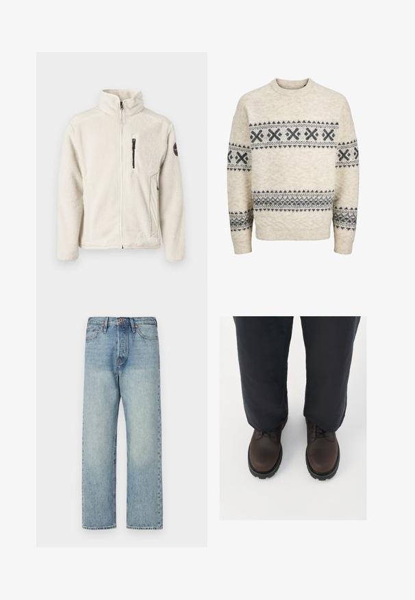 Cremefarvet fleecejakke med høj krave, lynlås foran og sidelommer. Teksturstof med sorte hardwaredetaljer.; Beige strikket sweater med mørkegrå geometriske mønstre over brystet, ærmer og nederste del af overkroppen, med rund halsudskæring og ribstrikkede manchetter.; Lysblå denimjeans med lige ben-design, fem lommer og bronze hardware. Minimal falming med en ren finish.; Brune læder snørebåndssko med rund tå, sort gummisål og tekstureret detaljer, parret med løstsiddende mørke bukser.