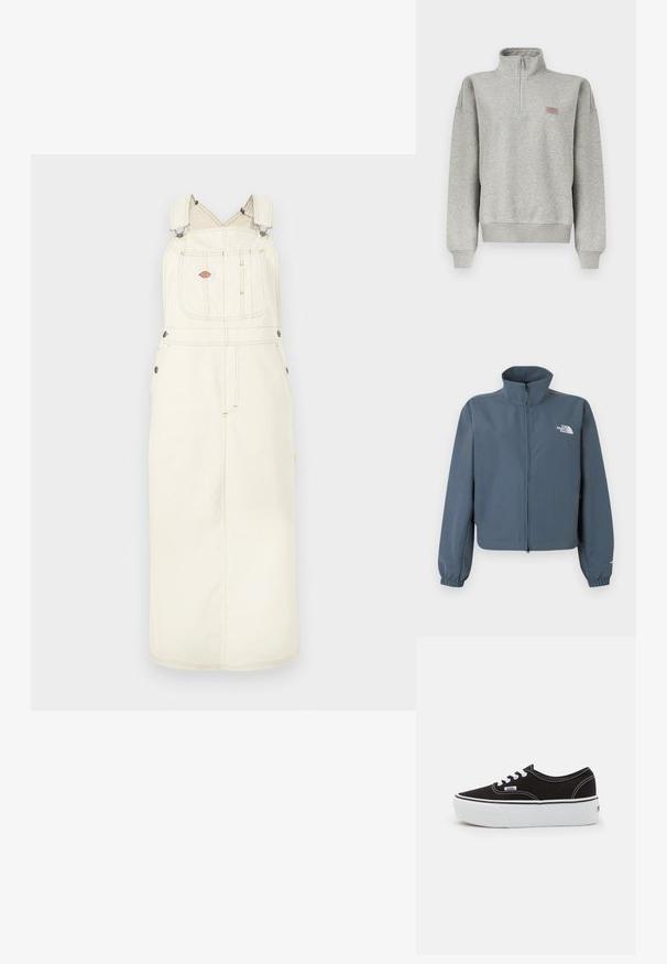 Sinine täislukuga jope kõrge krae, elastsete varrukaservade ja valge The North Face'i logoga vasakul rinnal.; Helehall helikellukujuline dressipluus soonikkoes mansettide ja äärega, vasakul rinnal väike mitmevärviline logomärk.; Heledad beež värviga denim üleõla kleit, millel on reguleeritavad rihmad, esitee tasku ja metallist detailid. Pikk siluett koos õmmeldud detailidega.; Must musta tennis jalanõud valge kummi platvormi tallaga, valgete paelte ja õmblustega, ikoonilise kaubamärgiga küljes, madala lõikega disain.