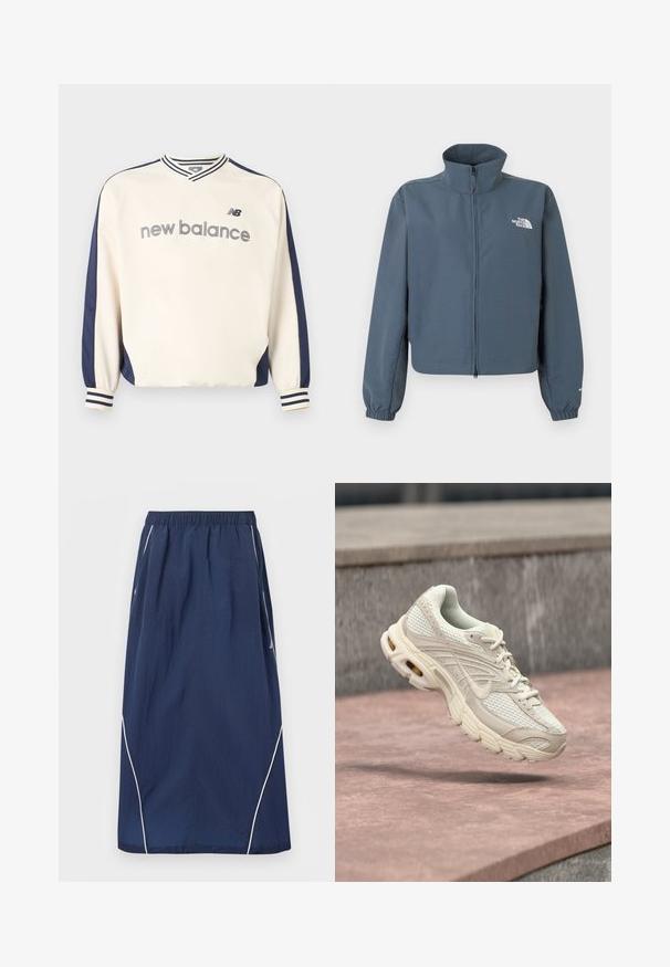 Veste bleue à fermeture éclair intégrale avec col montant, poignets élastiques et logo blanc The North Face sur le côté gauche de la poitrine.; Sweat-shirt New Balance à manches longues crème et marine avec poignets et col rayés, et texte « new balance » sur la poitrine.; Jupe longue bleu marine avec taille élastique et détails de passepoil blanc le long des côtés et des bords inférieurs.; Chaussure de sport beige clair avec une tige en mesh, un embout arrondi et une semelle intermédiaire texturée. Elle comporte un col matelassé et un laçage avec un logo subtil.