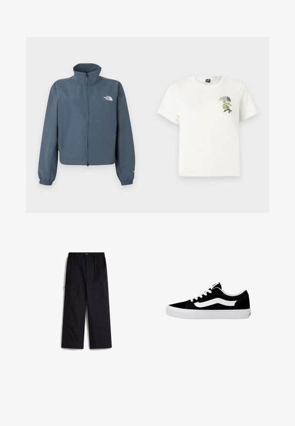 Chaqueta azul con cremallera completa, cuello alto, puños elásticos y logo blanco de The North Face en el pecho izquierdo.; Camiseta blanca de algodón con mangas cortas. Presenta bordado floral en verde y amarillo en el lado izquierdo del pecho, incluye logotipo. Corte regular.; Pantalones cargo negros con una cintura elástica, cinturón ajustable y dos bolsillos laterales. Hechos de una tela ligera y texturizada.; Zapatilla negra de corte bajo con raya lateral blanca, cordones blancos y suela de goma blanca, vista desde el lado exterior sobre un fondo blanco.