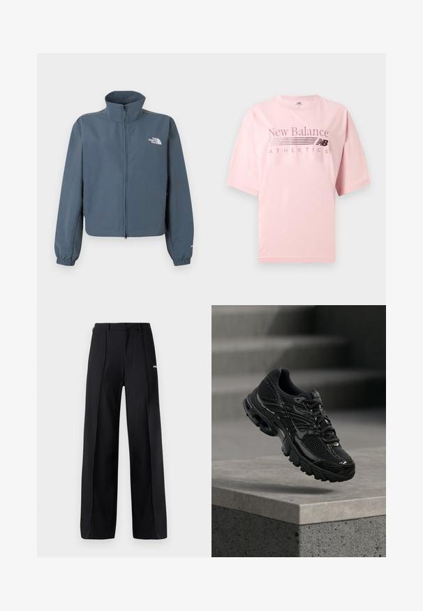 Sinine täislukuga jope kõrge krae, elastsete varrukaservade ja valge The North Face'i logoga vasakul rinnal.; Hele roosa lühikeste varrukatega New Balance Athletics T-särk ümar kaelusega ja rinnale trükitud logotekstiga.; Mustad alt laiad püksid, mis on valmistatud siledast kangast, rõhutades voldikuid ja väikest logo aktsenti. Kujundatud keskmise kõrgusega taljega.; Must Nike jooksujalatsite võrkkangas ja sünteetilise pealiskihiga, hõljub betoonpinna ja tähtede kohal taustal.