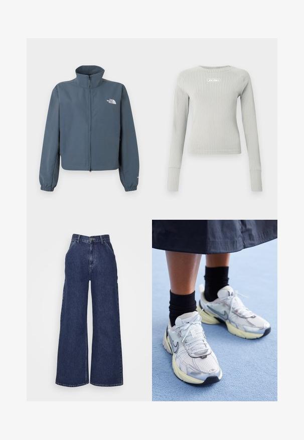 Blauwe jas met volledige ritssluiting, hoge kraag, elastische manchetten en wit The North Face-logo op de linkerborst.; Lichtgrijze geribbelde lange mouw shirt met een getailleerd ontwerp en een klein wit "jordan" logo gecentreerd op de borst.; Brede denim jeans in donkerblauw, met een hoge taille, zijzakken en een ritssluiting met een metalen knop. Gladde textuur en klassiek ontwerp.; Witte en zilveren Nike sneakers van meshstof, met reflecterende accenten en een beige zool. Gedragen met zwarte sokken, staand op een blauwe ondergrond.