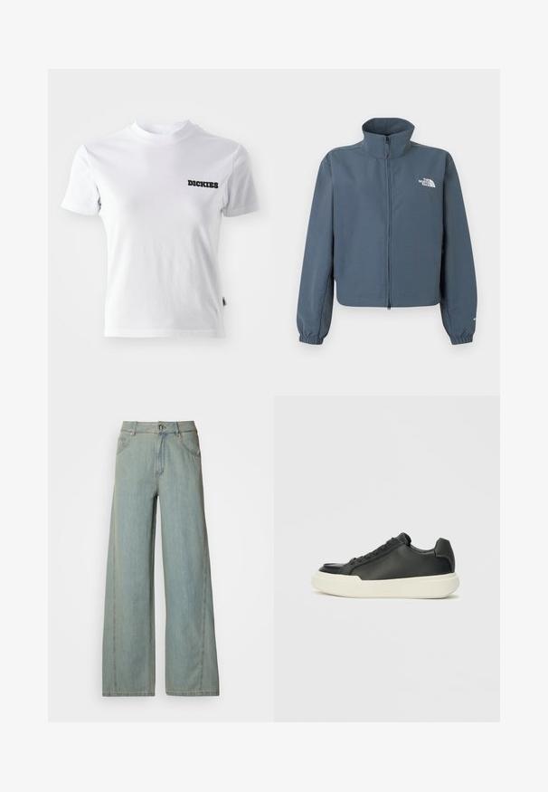 Sininen vetoketjullinen takki, jossa korkea kaulus, joustavat hihansuut ja valkoinen The North Face -logo vasemmalla rinnalla.; Valkoinen lyhythihainen T-paita, joka on valmistettu puuvillasta, pyöreäkauluksinen ja jossa on musta "DICKIES"-logo vasemmassa rintataskussa. Sujuva pinta ja istuva muotoilu.; Vaaleansiniset leveät farkut, joissa on napin ja vetoketjun sulkeminen, viisi taskua ja erottuvat ompeluyksityiskohdat.; Musta nahkakengät, joissa on sileä pinta, valkoinen kumipohja, ohuet mustat nauhat ja minimalistinen muotoilu. Kyljessä on brändin logo.