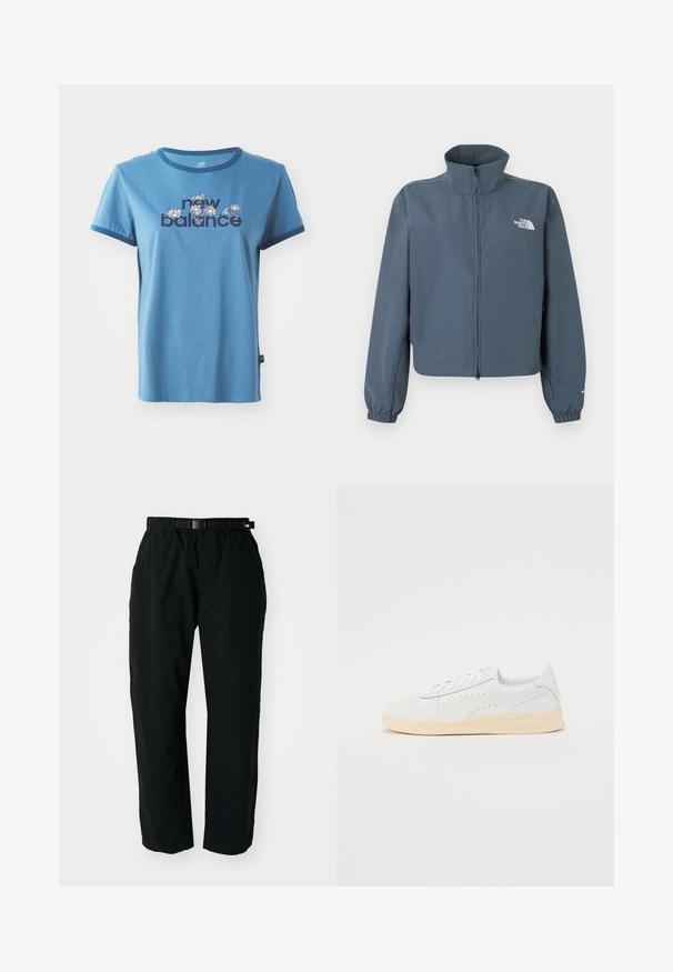 Sinine täislukuga jope kõrge krae, elastsete varrukaservade ja valge The North Face'i logoga vasakul rinnal.; Sinine puuvillane t-särk lühikeste varrukatega, tumesinise äärisega, mille esiküljel on valge ja kollase värviga "new balance" tekst ja lillemotiivid.; Mustad mustad püksid elastse vöökoha ja reguleeritava vöömisega. Omavad kitsenevaid jalgu ja tugevdatud põlvepaneele vastupidavuse tagamiseks.; Valged sünteetilisest materjalist jooksujalad, aukudega disain, lame geko ja kreemivärvi kummitald. Omab logo kanna ja külje peal.