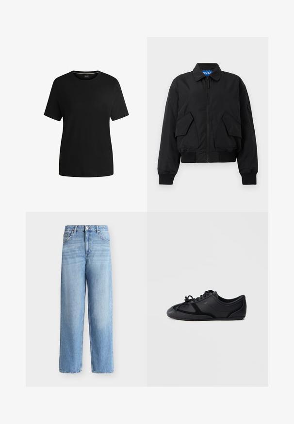 Chaqueta bomber negra con cremallera, dos grandes bolsillos frontales con solapa, puños y dobladillo acanalados, y un pequeño bolsillo con cremallera en la manga izquierda.; Camiseta negra de manga corta hecha de suave algodón, con cuello redondo y una textura lisa. Diseño simple sin patrones ni acentos.; Vaqueros de pierna recta de tiro alto en azul claro, con cierre delantero de botones y cremallera, trabillas para cinturón y bolsillos delanteros sobre fondo blanco.; Zapatilla negra de perfil bajo con cordones, acabado liso y brillante, costuras mínimas y suela plana sobre un fondo liso.