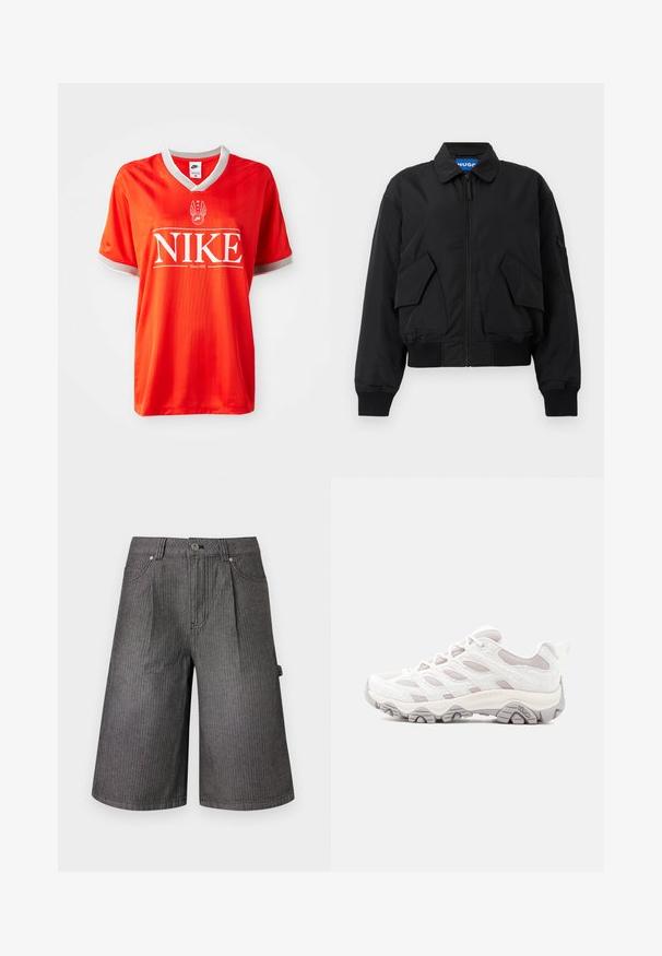 Sort bomberjakke med lynlås, to store lommer med klap foran, ribstrikkede manchetter og kant samt en lille lynlåslomme på venstre ærme.; Rød Nike trøje med V-hals, grå pynt på ærmerne og stort hvidt "NIKE" logo. Glat, letvægtsstof med subtilt stribet mønster.; Grå knælange denimshorts med forlommer, bæltestropper, knaplukning og en sidelomme til værktøj.; Lysegrå vandresko med tekstureret overdel, meshpaneler og gummisål. Har et markant snøresystem og Merrell-logo på siden.