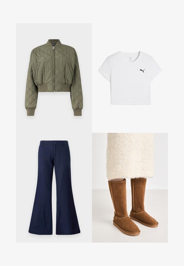 Olivgroene gewatteerde bomberjack met geribde kraag, manchetten en zoom, ritssluiting aan de voorkant en schuine zijzakken.; Witte cropped t-shirt met korte mouwen van katoen, voorzien van een zwart Puma-logo op de linkerborst, een ronde halslijn en een nette zoom.; Marineblauwe flared broek van katoen, met een knoopsluiting, riemlussen en een zachte textuur met brede pijpenopening.; Knee-high bruine suède laarzen met een gladde textuur, voorzien van zijstiksels en een rubberen zool voor grip.