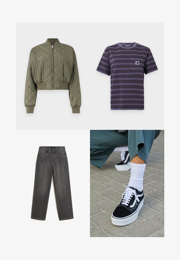 Olivengrøn quiltet bomberjakke med ribbet krave, manchetter og kant, lynlås foran og skrå sidelommer.; Lilla stribet t-shirt med en lomme på venstre bryst, der har vandrette sorte striber. Blødt stof, korte ærmer, rund halsudskæring.; Grå vidde jeans lavet af denim. Har fem lommer, en frontknap og lynlås lukning, samt subtil fading på stoffet.; Sorte ruskinds sneakers med hvide accenter og snørebånd, der har en tyk hvid sål og kontrasterende syninger, parret med en hvid sok.
